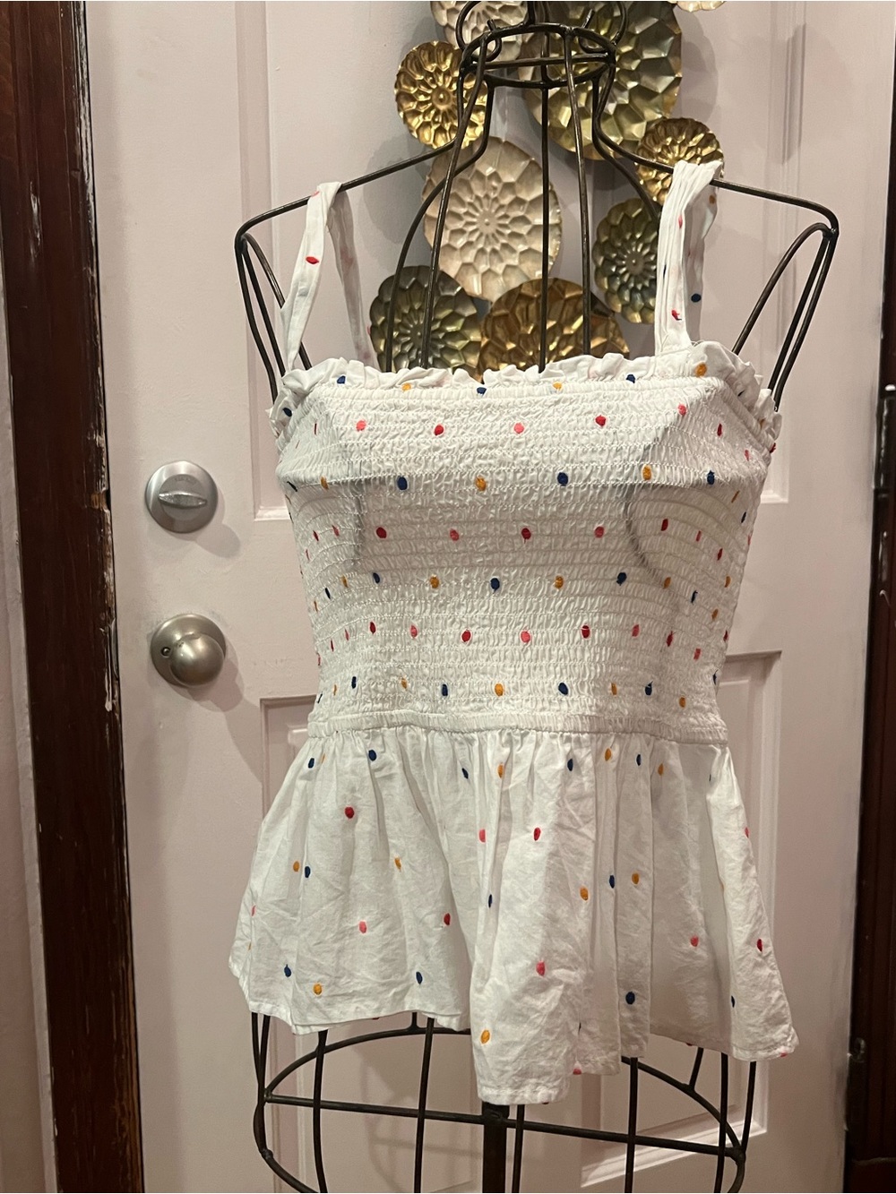 Loft Medium White Smocked Peplum Tank Top with Multicolor Dot Embroidery